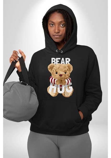 Tatlış Oyuncak Ayı Sarılması Kadın Erkek Baskılı Üç Iplik Siyah Kapüşonlu Hodie Sweatshirt modelleri