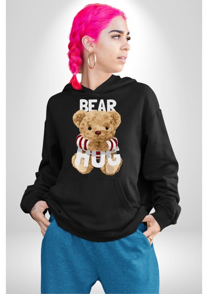 Tatlış Oyuncak Ayı Sarılması Kadın Erkek Baskılı Üç Iplik Siyah Kapüşonlu Hodie Sweatshirt indirimleri