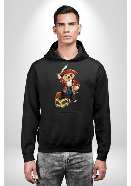 Korsan Hazine Oyuncak Tatlı Ayı Kadın Erkek Baskılı Üç Iplik Siyah Kapüşonlu Hodie Sweatshirt