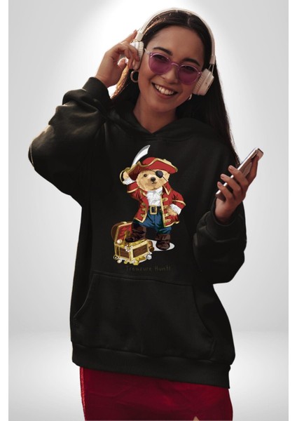 Korsan Hazine Oyuncak Tatlı Ayı Kadın Erkek Baskılı Üç Iplik Siyah Kapüşonlu Hodie Sweatshirt modelleri