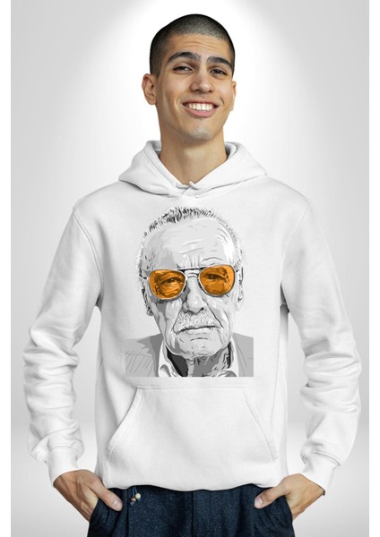 Stan Lee Founder Kadın Erkek Baskılı Üç Iplik Beyaz Kapüşonlu Hodie Sweatshirt modelleri