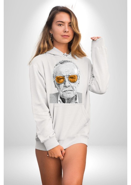 Stan Lee Founder Kadın Erkek Baskılı Üç Iplik Beyaz Kapüşonlu Hodie Sweatshirt fırsatları