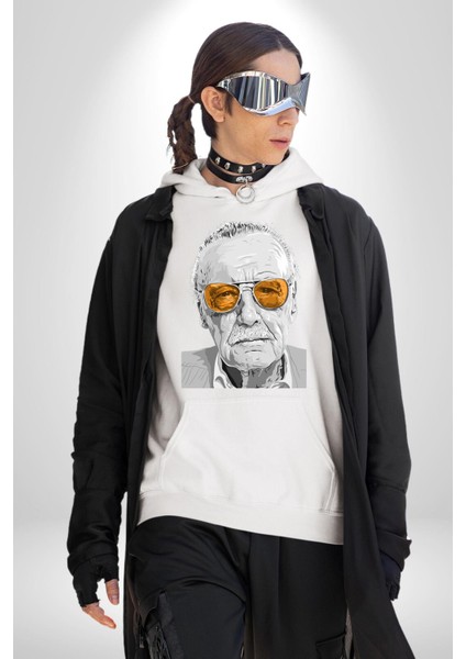 Stan Lee Founder Kadın Erkek Baskılı Üç Iplik Beyaz Kapüşonlu Hodie Sweatshirt indirimleri