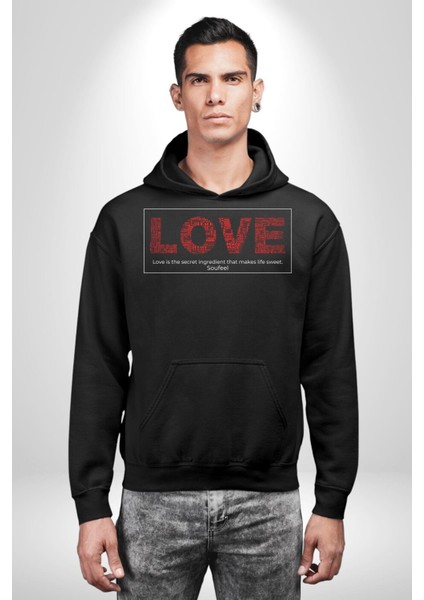 Aşk Hayatı Tatlı Kılan Gizli Bileşendir Kadın Erkek Baskılı Üç Iplik Siyah Kapüşonlu Hodie Sweatshirt