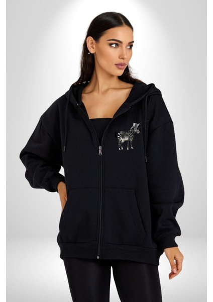 Vahşi Orman Zebra Kadın Erkek Baskılı Fermuarlı Kapüşonlu Hırka Sweatshirt