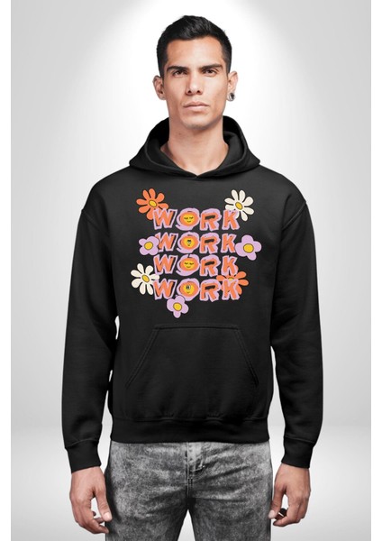 Çalış Papatya Gülen Yüz Kadın Erkek Baskılı Üç Iplik Siyah Kapüşonlu Hodie Sweatshirt fiyatları