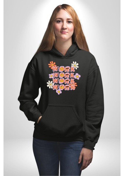 Çalış Papatya Gülen Yüz Kadın Erkek Baskılı Üç Iplik Siyah Kapüşonlu Hodie Sweatshirt modelleri