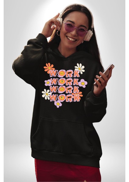 Çalış Papatya Gülen Yüz Kadın Erkek Baskılı Üç Iplik Siyah Kapüşonlu Hodie Sweatshirt fırsatları
