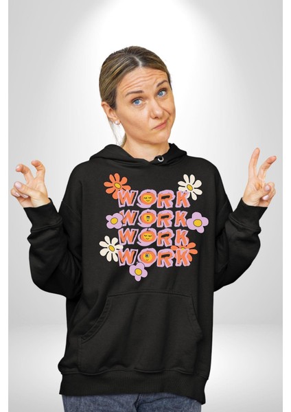 Çalış Papatya Gülen Yüz Kadın Erkek Baskılı Üç Iplik Siyah Kapüşonlu Hodie Sweatshirt indirimleri