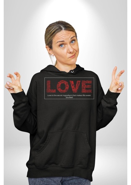 Aşk Hayatı Tatlı Kılan Gizli Bileşendir Kadın Erkek Baskılı Üç Iplik Siyah Kapüşonlu Hodie Sweatshirt fırsatları