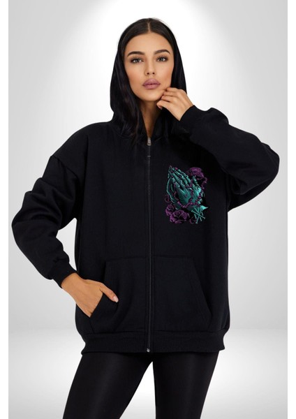 Karga Hristiyan Duası Soft Kadın Erkek Baskılı Fermuarlı Kapüşonlu Hırka Sweatshirt