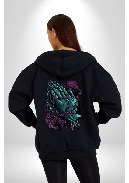 Karga Hristiyan Duası Soft Kadın Erkek Baskılı Fermuarlı Kapüşonlu Hırka Sweatshirt