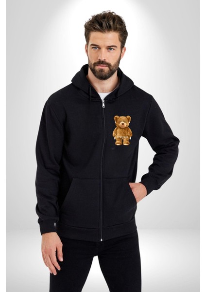 Sensörlü Suçlu Oyuncak Ayı Kadın Erkek Baskılı Fermuarlı Kapüşonlu Hırka Sweatshirt