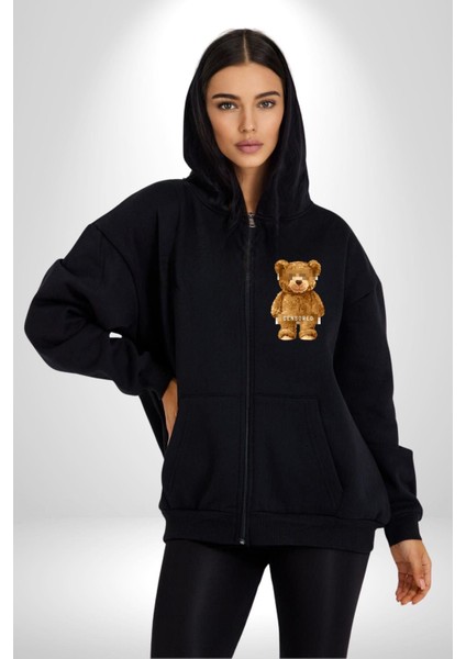 Sensörlü Suçlu Oyuncak Ayı Kadın Erkek Baskılı Fermuarlı Kapüşonlu Hırka Sweatshirt