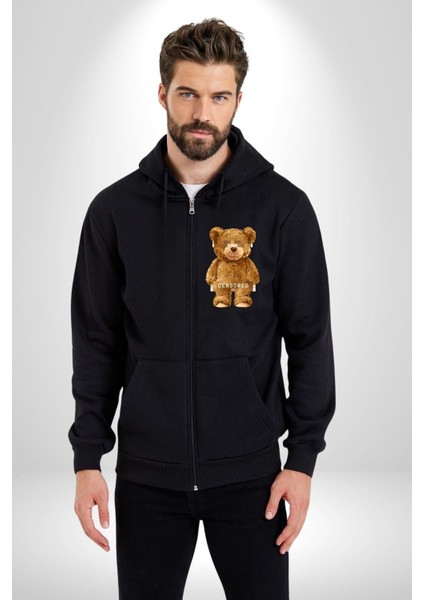 Sensörlü Suçlu Oyuncak Ayı Kadın Erkek Baskılı Fermuarlı Kapüşonlu Hırka Sweatshirt