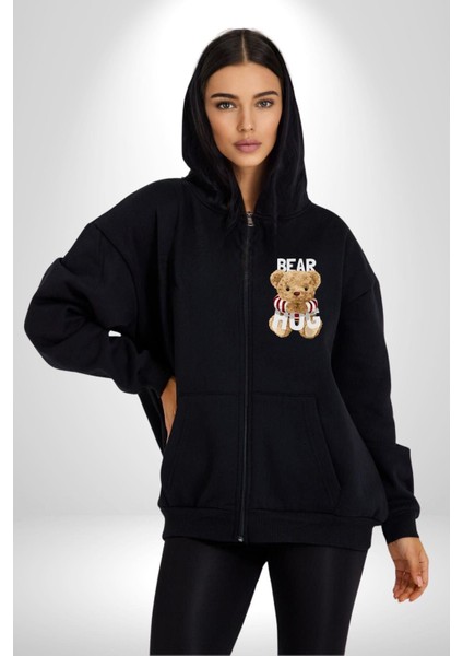 Tatlış Oyuncak Ayı Sarılması Kadın Erkek Baskılı Fermuarlı Kapüşonlu Hırka Sweatshirt