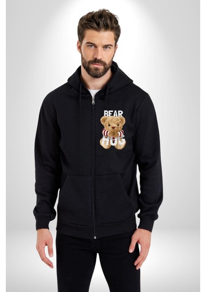 Tatlış Oyuncak Ayı Sarılması Kadın Erkek Baskılı Fermuarlı Kapüşonlu Hırka Sweatshirt
