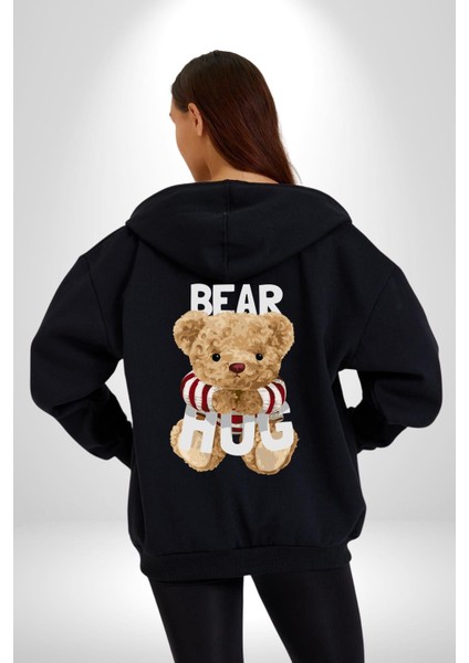 Tatlış Oyuncak Ayı Sarılması Kadın Erkek Baskılı Fermuarlı Kapüşonlu Hırka Sweatshirt