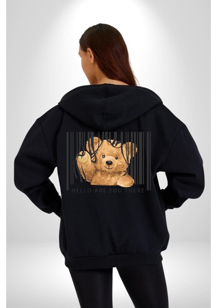 Merhaba Orada Mısın Tatlı Oyuncak Ayı Kadın Erkek Baskılı Fermuarlı Kapüşonlu Hırka Sweatshirt modelleri