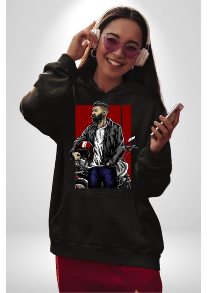 Havalı Kasklı Sakallı Motorcu Kadın Erkek Baskılı Üç Iplik Siyah Kapüşonlu Hodie Sweatshirt