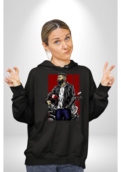 Havalı Kasklı Sakallı Motorcu Kadın Erkek Baskılı Üç Iplik Siyah Kapüşonlu Hodie Sweatshirt