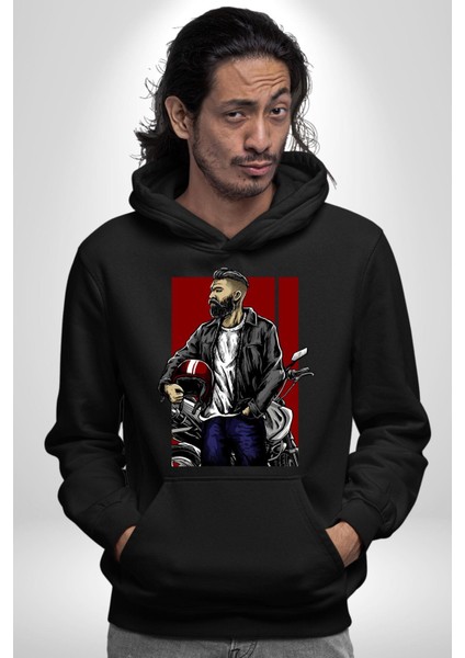 Havalı Kasklı Sakallı Motorcu Kadın Erkek Baskılı Üç Iplik Siyah Kapüşonlu Hodie Sweatshirt