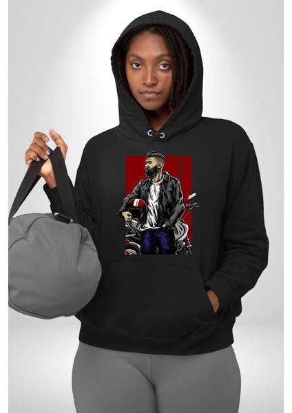 Havalı Kasklı Sakallı Motorcu Kadın Erkek Baskılı Üç Iplik Siyah Kapüşonlu Hodie Sweatshirt