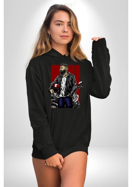 Havalı Kasklı Sakallı Motorcu Kadın Erkek Baskılı Üç Iplik Siyah Kapüşonlu Hodie Sweatshirt