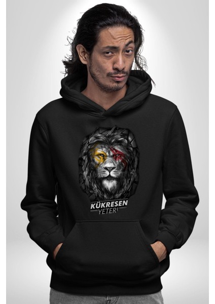 Kükresen Yeter Aslan Kadın Erkek Baskılı Üç Iplik Siyah Kapüşonlu Hodie Sweatshirt fiyatları