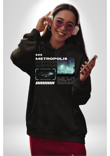 Büyük Şehir Ufo Sokak Tasarımı Kadın Erkek Baskılı Üç Iplik Siyah Kapüşonlu Hodie Sweatshirt fiyatları