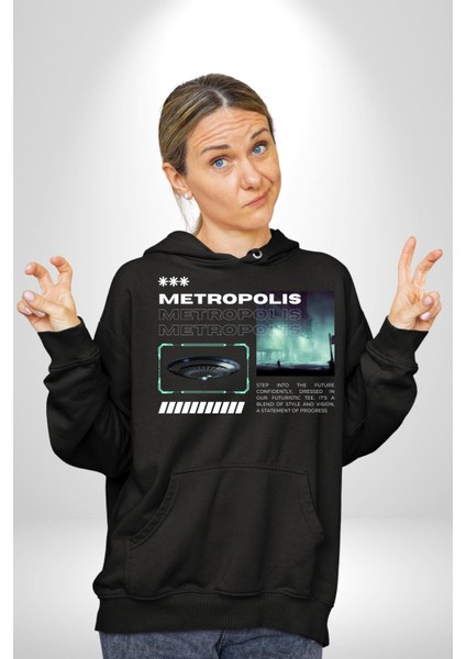Büyük Şehir Ufo Sokak Tasarımı Kadın Erkek Baskılı Üç Iplik Siyah Kapüşonlu Hodie Sweatshirt modelleri