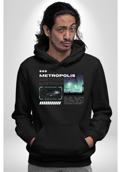 Büyük Şehir Ufo Sokak Tasarımı Kadın Erkek Baskılı Üç Iplik Siyah Kapüşonlu Hodie Sweatshirt fırsatları