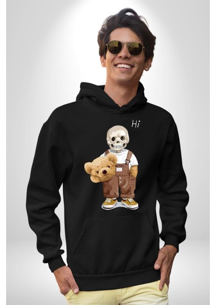 Merhaba Kurukafa Oyuncak Ayı Kadın Erkek Baskılı Üç Iplik Siyah Kapüşonlu Hodie Sweatshirt fiyatları