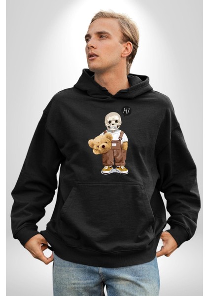 Merhaba Kurukafa Oyuncak Ayı Kadın Erkek Baskılı Üç Iplik Siyah Kapüşonlu Hodie Sweatshirt fırsatları