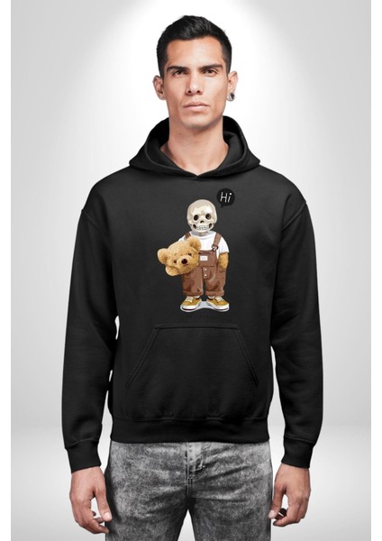 Merhaba Kurukafa Oyuncak Ayı Kadın Erkek Baskılı Üç Iplik Siyah Kapüşonlu Hodie Sweatshirt indirimleri