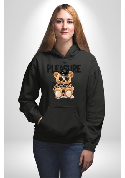 Polis Tatlı Oyuncak Ayı Kadın Erkek Baskılı Üç Iplik Siyah Kapüşonlu Hodie Sweatshirt