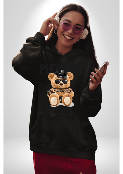 Polis Tatlı Oyuncak Ayı Kadın Erkek Baskılı Üç Iplik Siyah Kapüşonlu Hodie Sweatshirt fiyatları