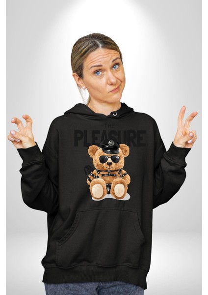 Polis Tatlı Oyuncak Ayı Kadın Erkek Baskılı Üç Iplik Siyah Kapüşonlu Hodie Sweatshirt modelleri