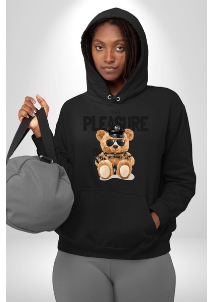 Polis Tatlı Oyuncak Ayı Kadın Erkek Baskılı Üç Iplik Siyah Kapüşonlu Hodie Sweatshirt indirimleri