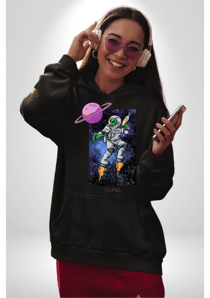 Astronot Uzaylı Savaşçı Satürn Kadın Erkek Baskılı Üç Iplik Siyah Kapüşonlu Hodie Sweatshirt