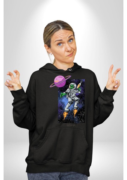 Astronot Uzaylı Savaşçı Satürn Kadın Erkek Baskılı Üç Iplik Siyah Kapüşonlu Hodie Sweatshirt fiyatları