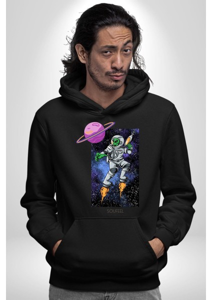 Astronot Uzaylı Savaşçı Satürn Kadın Erkek Baskılı Üç Iplik Siyah Kapüşonlu Hodie Sweatshirt modelleri