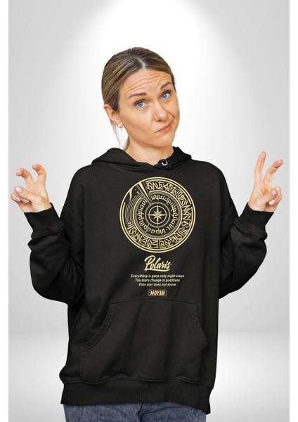 Altın Küre Pusula Çapa Kadın Erkek Baskılı Üç Iplik Siyah Kapüşonlu Hodie Sweatshirt
