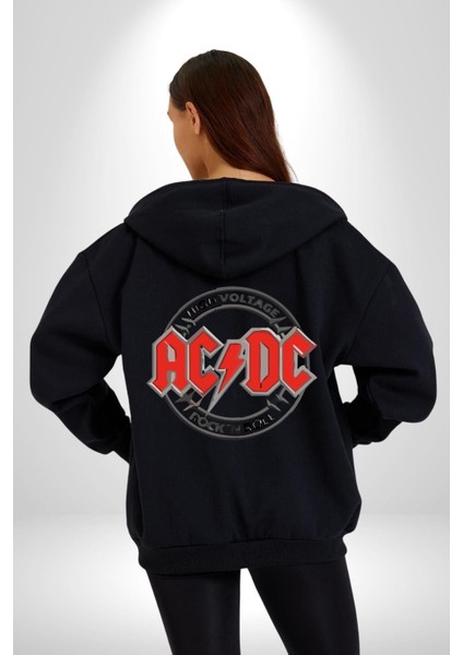 Ac Dc Yüksek Voltaj Rock Kadın Erkek Baskılı Fermuarlı Kapüşonlu Hırka Sweatshirt