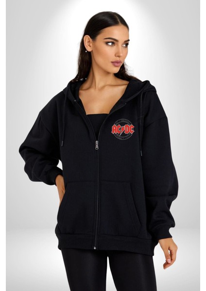 Ac Dc Yüksek Voltaj Rock Kadın Erkek Baskılı Fermuarlı Kapüşonlu Hırka Sweatshirt