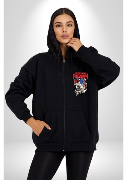 Özgürlüğe Bağlandım Amerikalı Balık Kadın Erkek Baskılı Fermuarlı Kapüşonlu Hırka Sweatshirt