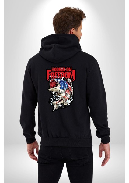 Özgürlüğe Bağlandım Amerikalı Balık Kadın Erkek Baskılı Fermuarlı Kapüşonlu Hırka Sweatshirt