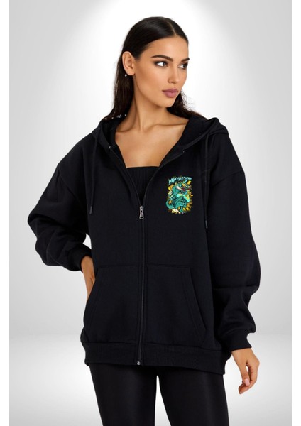 Dalga Ben Geliyorum Timsah Havuz Kadın Erkek Baskılı Fermuarlı Kapüşonlu Hırka Sweatshirt