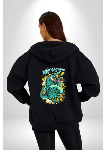 Dalga Ben Geliyorum Timsah Havuz Kadın Erkek Baskılı Fermuarlı Kapüşonlu Hırka Sweatshirt modelleri