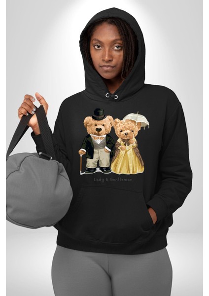 Hanımefendi ve Beyefendi Oyuncak Ayı Kadın Erkek Baskılı Üç Iplik Siyah Kapüşonlu Hodie Sweatshirt